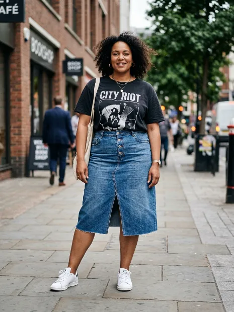 1. Denim Midi Skirt With A Graphic Tee