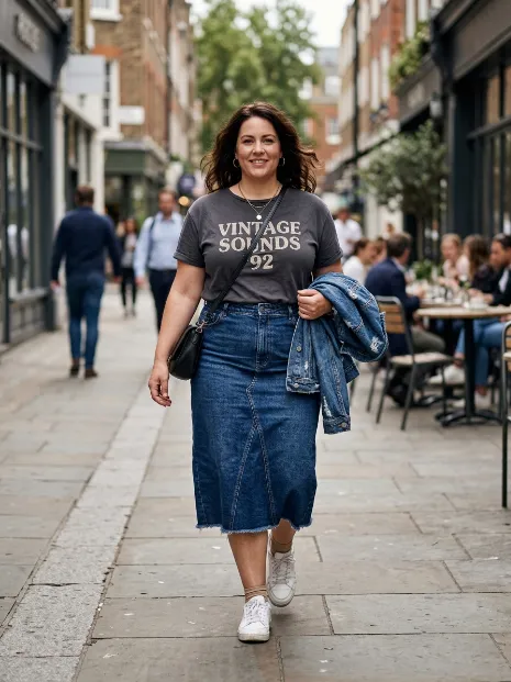 1. Denim Midi Skirt with a Graphic Tee
