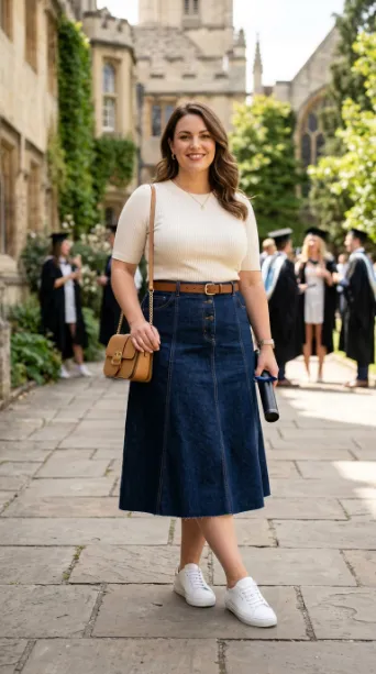 15. Denim Midi Skirt with a Tucked Top