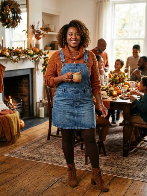 12. Denim Overall Dress with a Sweater