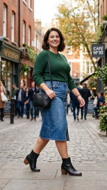 20. Denim Skirt With A Fitted Sweater