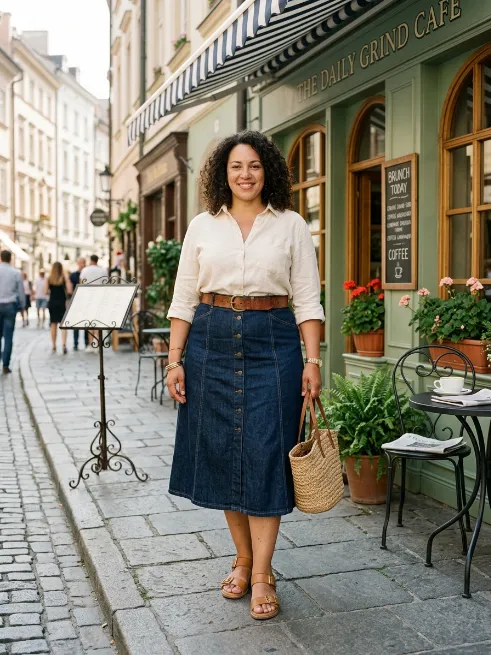 3. Denim Skirt With A Tucked In Blouse