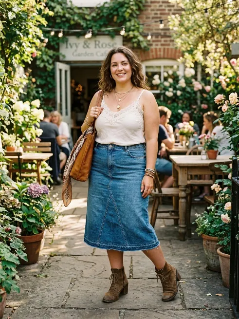 14. Denim skirt with a lace trim slip