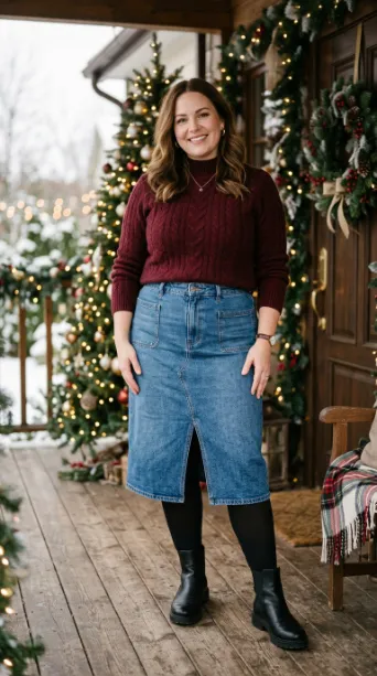 23. Denim Skirt with Tights and Boots