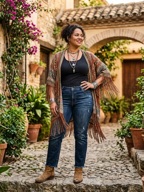 13. Distressed jeans with a fringe kimono