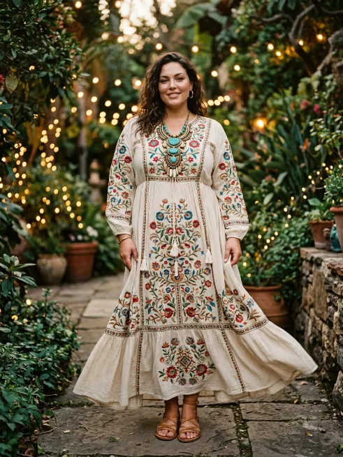 29. Embroidered maxi dress with a statement necklace
