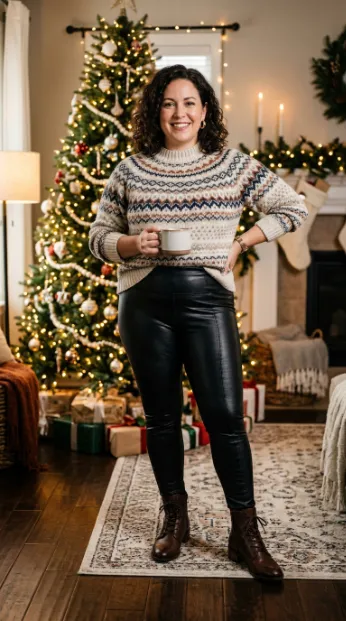 15. Fair Isle Sweater with Leather Leggings