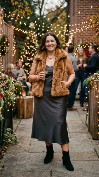 22. Faux Fur Vest Over a Slip Dress
