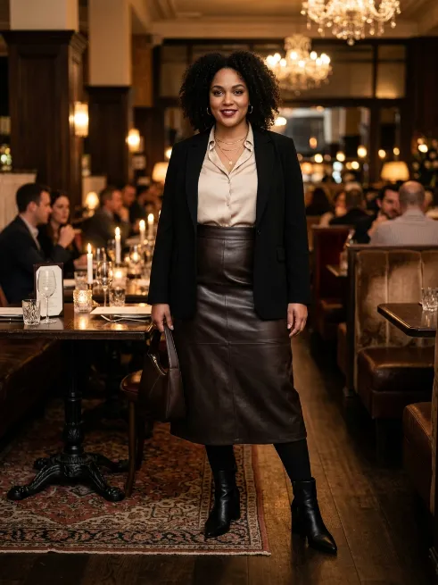 11. Faux Leather Skirt with Heeled Boots