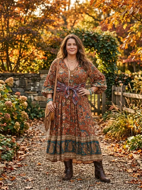 16. Flannel shirt tied over a maxi dress