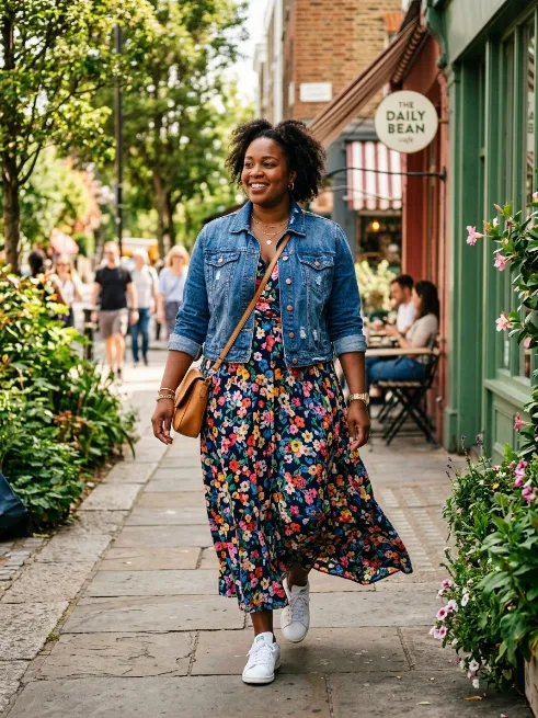 18. Floral Maxi Dress with a Jean Jacket