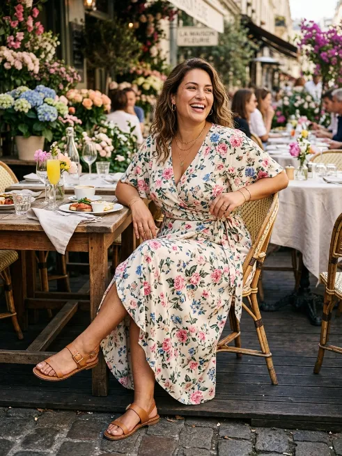 1. Floral Wrap Dress With Sandals