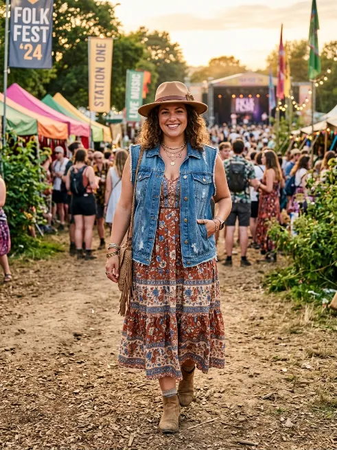 1. Flowy Maxi Dress With A Denim Vest
