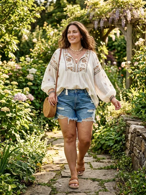 12. Frayed hem denim shorts with a flowy blouse