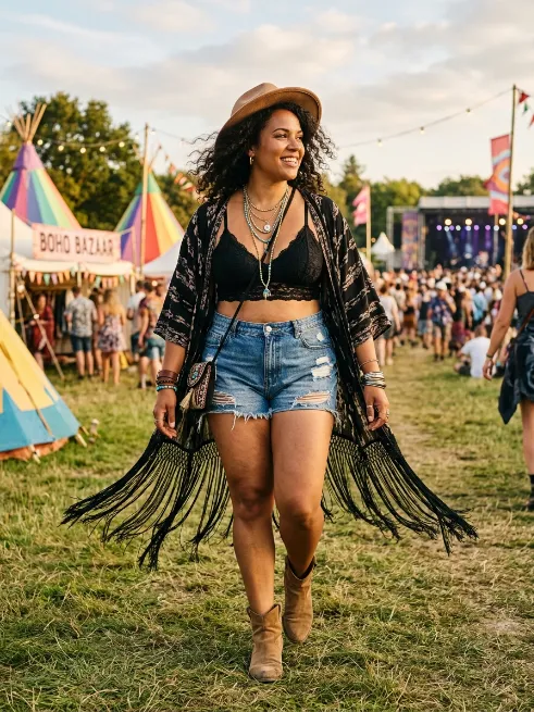 20. Fringe kimono with denim shorts and a bralette
