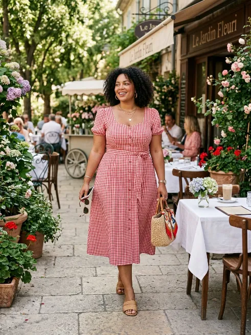 10. Gingham Dress With Woven Flats