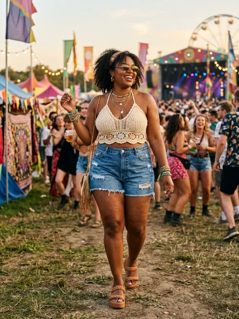 2. High Waisted Shorts With A Crochet Top