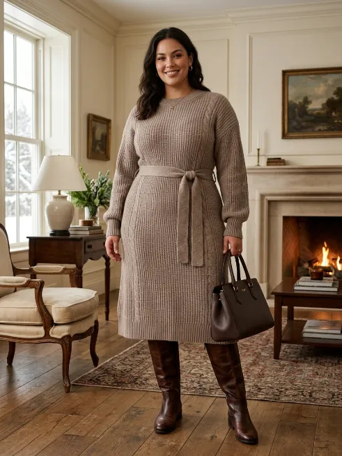 14. Knit Sweater Dress With Tall Boots