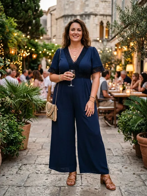 28. Lace trim jumpsuit with strappy sandals
