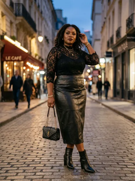 14. Leather Look Skirt with a Lace Top