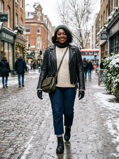 14. Leather jacket layered over a chunky sweater