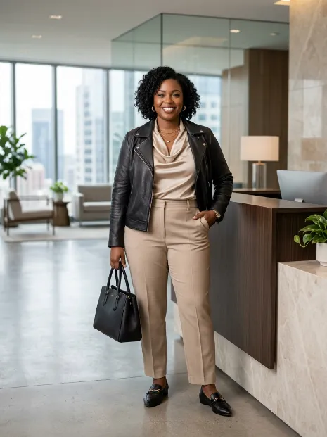 6. Leather jacket over a blouse and trousers