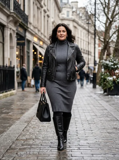 17. Leather jacket over a turtleneck dress