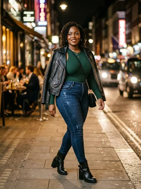 11. Leather jacket with a bodysuit and skinny jeans