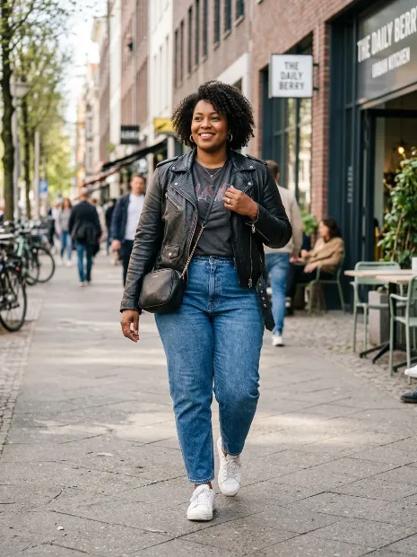 1. Leather jacket with a graphic tee and mom jeans
