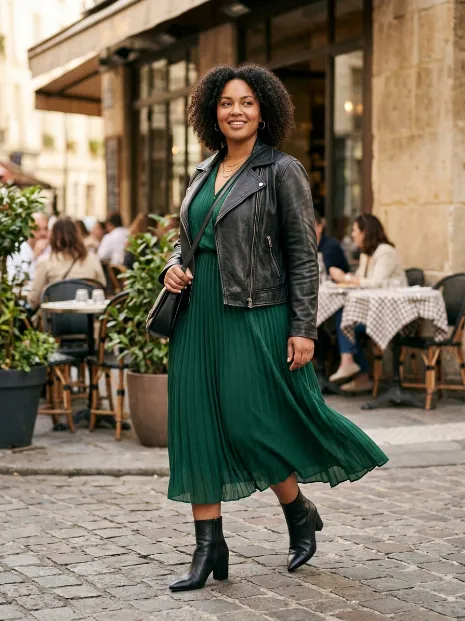 2. Leather jacket with a midi dress
