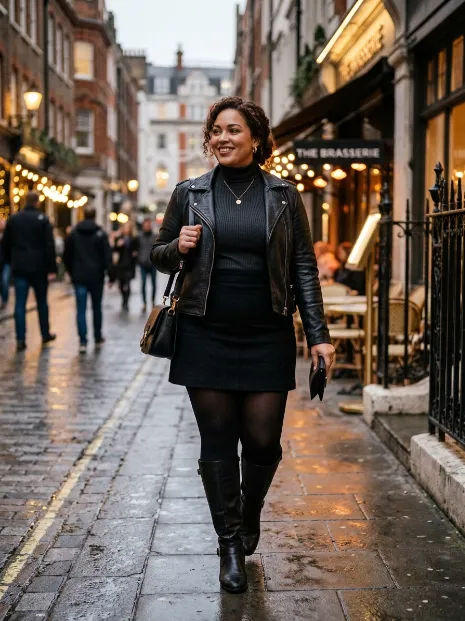 13. Leather jacket with a mini skirt and tights