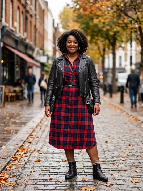 24. Leather jacket with a plaid shirt dress