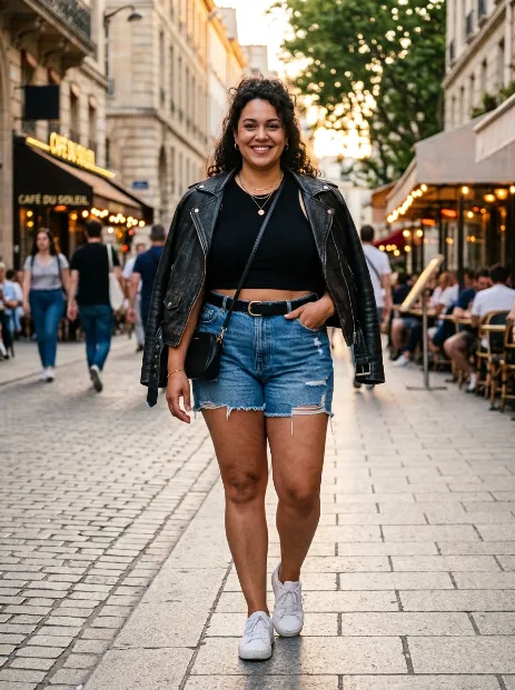 19. Leather jacket with shorts and a crop top