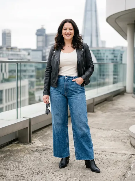3. Leather jacket with wide leg jeans