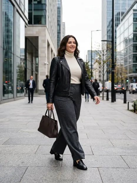 9. Leather jacket with wide leg trousers and a turtleneck