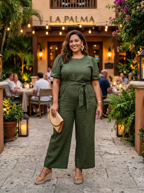 16. Linen Jumpsuit With Wedge Sandals