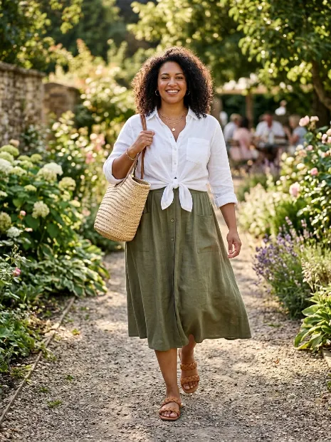 5. Linen Skirt with a Button Down Shirt