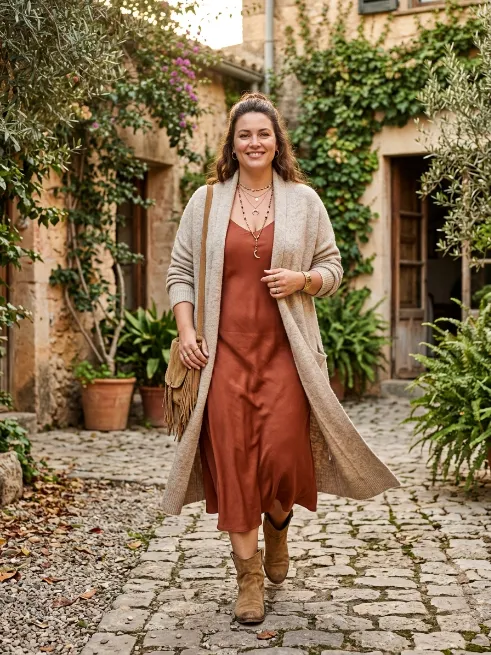 4. Long cardigan over a slip dress