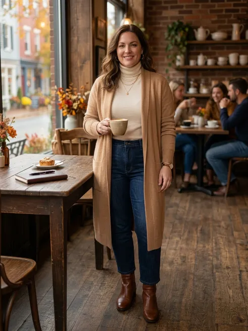 18. Long Cardigan, Turtleneck, and Boots