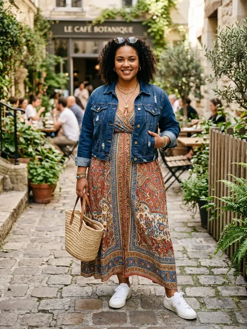 1. Maxi dress with denim jacket