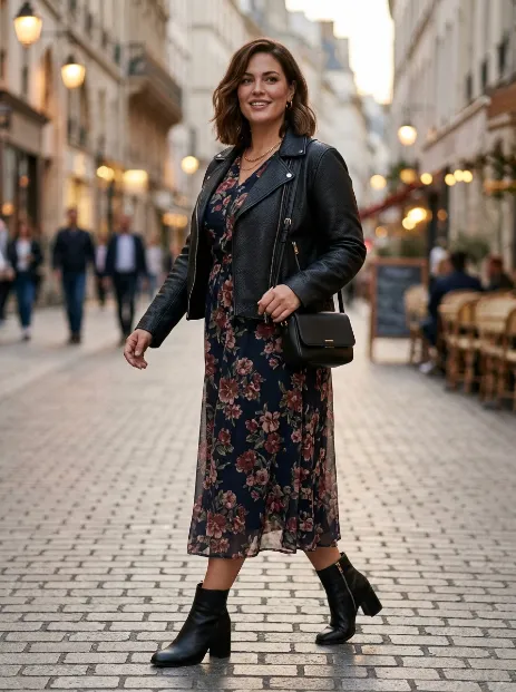 8. Midi Dress Layered With a Leather Jacket
