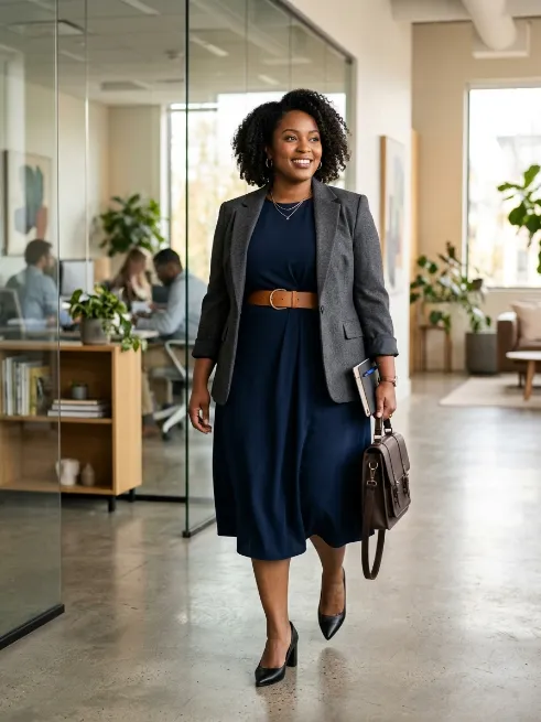 7. Midi Dress With a Belt and Blazer Layered On Top