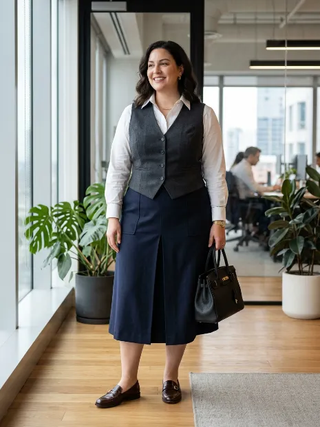 10. Midi Skirt With A Vest And Button Down