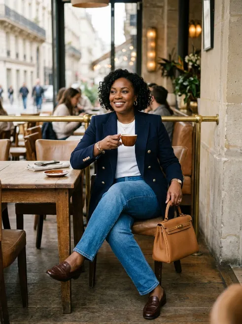 2. Navy Double Breasted Blazer With Jeans