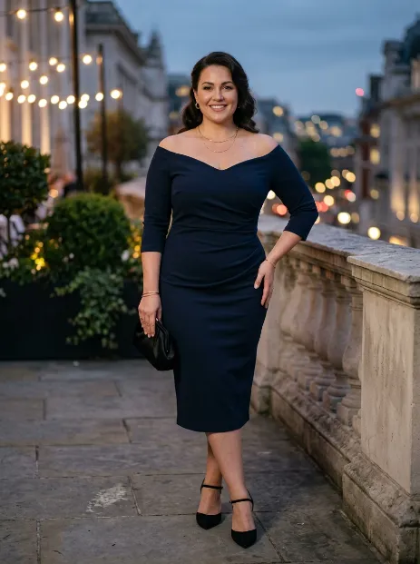 10. Off the Shoulder Midi Dress With Delicate Jewelry