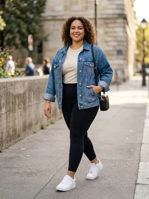 1. Oversized Denim Jacket With a Fitted Tee and Leggings