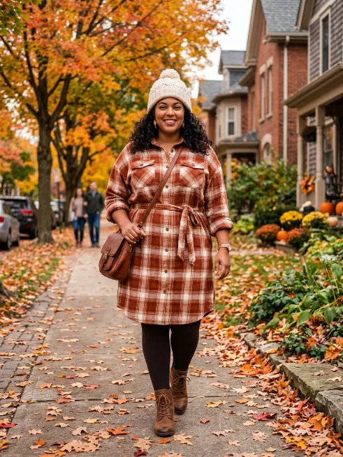 17. Oversized Flannel Dress with Booties