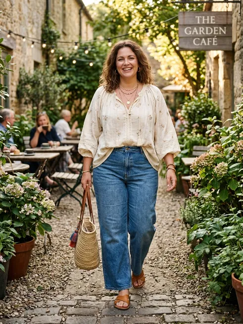 2. Peasant blouse with wide leg jeans