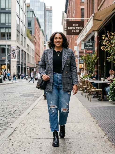 8. Plaid Blazer and Ripped Jeans