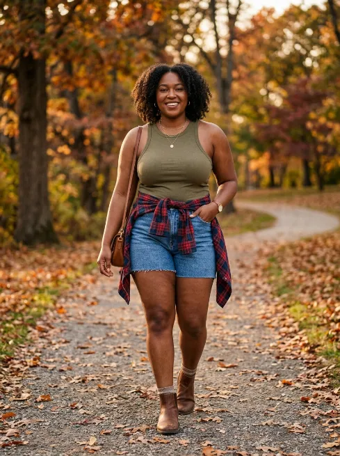 18. Plaid Shirt Tied at the Waist With Denim Shorts